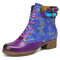 SOCOFY Retro Embossed Genuine Leather Warm Wearable Lace-up Zipper Chunky Heel Short Boots - Purple