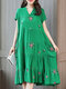 Women Loose Flower Print Short Sleeve V-neck Vintage Dress - Green