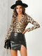 Leopard Print Button V-neck Long Sleeves Casual Blouse - Brown