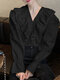 Women Solid V-neck Long Sleeve Ruffle Patchwork Casual Blouse - Black