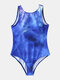 Plus Size Women Blue Pattern Sleeveless One Piece Swimsuits - Blue