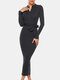 Solid Color Zip Front Long Sleeve Sexy Dress With Belt - Black