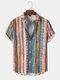 Men Vintage Striped Print Short Sleeve Casual Shirts - Beige
