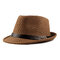 Women Straw Weave Mesh Breathable Curl Brim Addition Leather Belt Solid Fashion Jazz Hat - Coffee