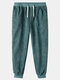 Mens Solid Color Corduroy Drawstring Elastic Cuff Pants With Back Flap Pockets - Green