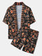 Mens Holiday Plant Print Open Front Kimono Loose Two Pieces Outfits - Black