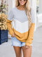 女性のためのコントラストカラー長袖Oネックパッチワークセーター - 黄