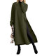 Solid Color Splited Long Sleeve O-neck Casual Dress For Women - Green