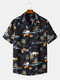 Mens Holiday Tropical Landscape Print Revere Collar Short Sleeve Shirts - Black