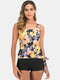 Women Yellow Flowers Print Tankini Wide Shoulder Straps Side Tie Swimwear With Three Kinds Of Bottom - Yellow2