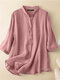 Solid Lapel 3/4 Sleeve Blouse For Women - Pink