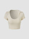Solid See Through Lapel Short Sleeve Crop Top For Women - Apricot