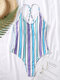 Women Colorful Stripe Criss Cross Backless One Piece Slimming Swimsuit - Blue