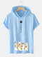 Mens Japanese Cute Cat Print Short Sleeve Drawstring Hooded T-Shirts - Blue