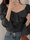Ruffled Trim Pleats V Neck Solid Elegant Shirt - Black