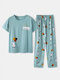 Plus Size Women Cute Cartoon Animal Print Cotton Short Sleeve Pajama Sets - Blue