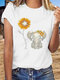 Cartoon Elephant Flower Print Short Sleeve T-shirt For Women - White