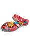 Socofy Leather Opened Toe Comfy Calico Vacation Stripe Sandals - Red