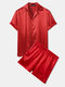 Mens Revere Collar Faux Silk Solid Color Elastic Waist Comfy Pajamas - Red