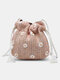 Women Straw Daisy Pattern Print Handmade Lace Bag Beach Bag Bucket Bag Crossbody Bag - Pink