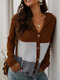 Bandage Contrast Color Long Sleeve Cardigan For Women - Brown