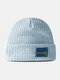 Unisex Solid Cotton Knitted Striped Color Contrast Letters Patch All-match Warmth Brimless Beanie Hat - Sky Blue