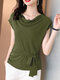 Solid Cowl Neck Short Sleeve Bowknot Blouse - Green