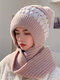 Women Knitted Plus Velvet Color-match Pleated Stripes Fur Ball Decoration One-piece Scarf Hat Anti-cold Ear Protection Beanie Hat - Light Pink