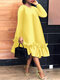 بالإضافة إلى حجم المرأة الصلبة طاقم الرقبة كشكش تقليم فستان طويل الأكمام - الأصفر
