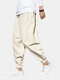 Mens Linen Ethnic Solid Color Ankle Banded Pants - Beige