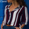 Women's Contrast Stripe Long Sleeve Shirt Tops - Red wine