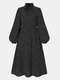 Polka Dot Knotted Lapel Long Sleeve Print Dress For Women - Black
