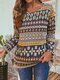 Vintage Print Crew Neck Long Sleeve Knit Sweater For Womens - Yellow