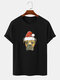 Mens 100% Cotton Christmas Hat Animal Graphic Crew Neck Short Sleeve T-Shirts - Black