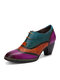 Socofy Women Retro Ethnic Comfy Leather Printed Color Block Lace-up Chunky Heel Pumps - Purple
