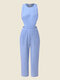 Blue And White Stripe Print Cut Out Zip Back Jumpsuit - Blue
