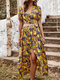 Print V-neck Short Sleeves Lace-up Dress Set For Women - Yellow