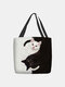 Women Black White Cats Pattern Print Shoulder Bag Handbag Tote - Black