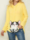 Cartoon Cat Flower Print Side Button Hoodie For Women - Yellow
