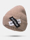 Unisex Knitted Solid Color Letter Raw Edge Patch Flanging All-match Warmth Beanie Hat - Khaki