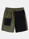 Mens Two Tone Patchwork Flap Pocket Corduroy Drawstring Cargo Shorts - Army Green