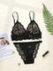 Women Lace Triangle Wireless See Through Lightly Padded Bra Sets With Panty - Black