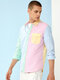 Mens Designer Macaron Colorblock Lapel Long Sleeve Shirts With Flap Pocket - Pink