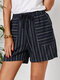 Striped Print Drawstring Elastic Waist Casual Shorts With Pocket For Women - Navy
