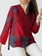 Blusa casual manga longa com decote em V e fenda xadrez - Vermelho