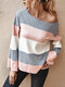Striped Color Block Knit O-neck Long Sleeve Sweater - Grey