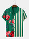 Mens Floral & Striped Patchwork Revere Collar Short Sleeve Shirts - Green