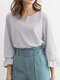 Women Solid Notched Neck Casual Long Sleeve Blouse - Gray