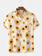 Sunflower Print Casual Holiday Lapel Short Sleeve Shirt For Men Women - White