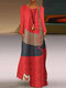 Print Patchwork Long Sleeve Plus Size Maxi Dress with Pockets - Orange